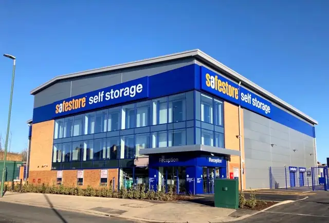 Safestore self storage building with aluminium windows and a glazed ground floor entrance