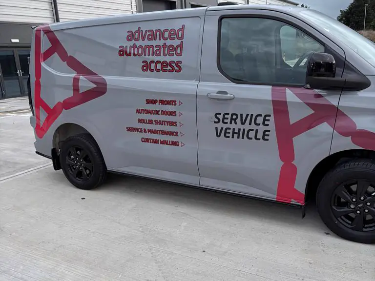 An Advanced Automated Access service vehicle liveried for shop fronts, automatic doors, roller shutters, service and maintenance and curtain walling